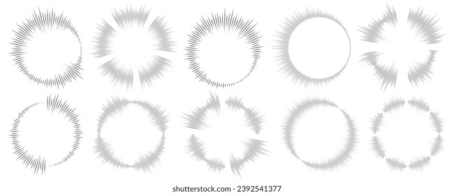 Circle sound wave. Audio music equalizer. Round circular icons set. Spectrum radial pattern and frequency frame. Vector design.