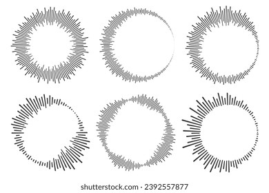 Circle sound wave. Audio music equalizer. Round circular icons set. Spectrum radial pattern and frequency frame. Vector design. svg