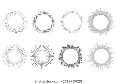 Circle sound wave. Circular music audio round. Radial graphic of voice. Abstract equalizer. Symbol of waveform burst rays. Vector set on white background.