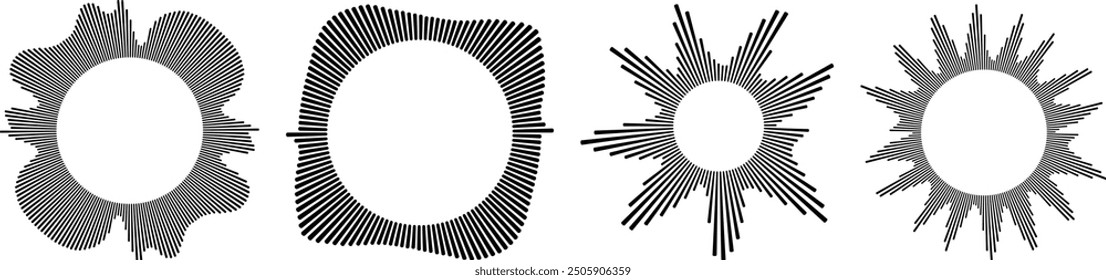 Circle sound wave collection. High frequency radio wave, Sound waves, Equalizer, Audio waves, Radio signal. Symbol of waveform burst rays.