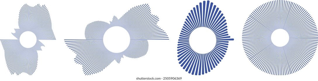 Colección de onda de sonido circular. Onda de radio de alta frecuencia, ondas de sonido, ecualizador, ondas de audio, señal de radio. Símbolo de rayos de explosión de forma de onda.