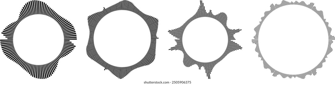 Colección de onda de sonido circular. Onda de radio de alta frecuencia, ondas de sonido, ecualizador, ondas de audio, señal de radio. Símbolo de rayos de explosión de forma de onda.