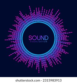 Circle sound wave visualisation. Pixelated music player equalizer. Radial audio signal or vibration element. Voice recognition. Epicenter, target, radar, radio icon concept on dark background. Vector