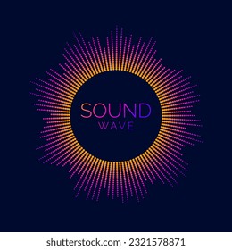 Barra de visualización de ondas de sonido circular. Ecualizador de reproductor de música punteado. Señal de audio radial o elemento de vibración. Reconocimiento de voz. Concepto de colores neones. Vector