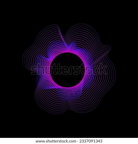 Circle of sound waves. Neon round music sound wave for equalizer. Radial sound wave curve with light particles. Clipart of colorful radio frequency sound lines. Vector illustration.