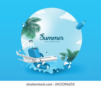 Circle space for advertising text with background of view of sky, soft sunlight over sea below are luggage, airplane, lifebuoy, volleyball, and splashing water as a component for summer travel concept