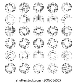 Circle speed line shapes. Abstract spiral dotted elements patterns, round page load vector designs, halftone rounded swirls, radial circular signs