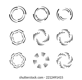 Circle speed lines for emblem, design and comic book. Abstract round geometric shape. Manga graphic speed striped texture. Circular motion lines. Vector illustration isolated on white background.