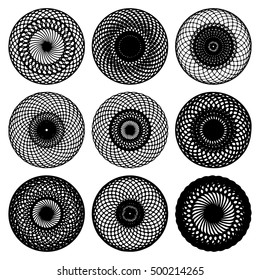 Circle, sphere, mesh, grid. Abstract geometric round black shapes isolated on white background set