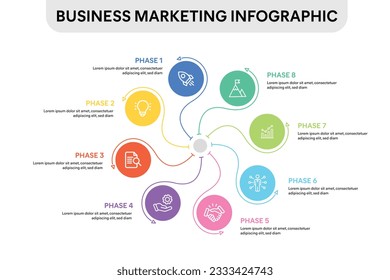 Circle Spin Infographic with 8 options, parts, steps, timelines or processes. Vector Illustration.