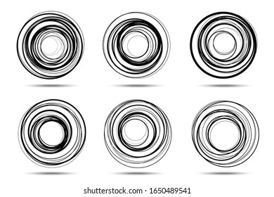 Circle spiral frame set. Scribble line rounds. Doodle circular logo design elements. Insignia emblem collection. Vector illustration set.