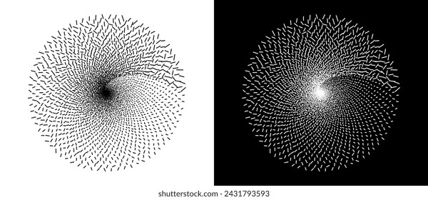 Circle or spiral illustration with chaotic line particles. Design element or icon. Black shape on a white background and the same white shape on the black side.