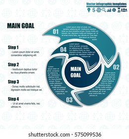 Circle spiral infographic template with 4 steps and central element. Business icons pattern background. Sample text in left side. For presentation and design concept. Vector illustration.