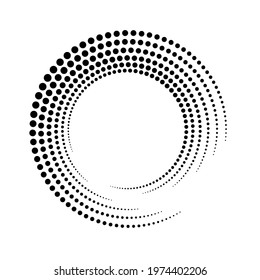 Circle spiral. Rotate dot frame. Futuristic ring with effect halftone. Border ripple. Modern abstract faded circle. Semitone dots. Arc shape spin round. Circular radial boarder. Swirl patern. Vector