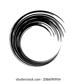 Circle spiral. Rotate wavy frame. Wave ring. Border ripple. Abstract black brush distress on white background. ​Arc shape spin round. Graphic pattern. Circular radial boarder. Swirl patern. Vector