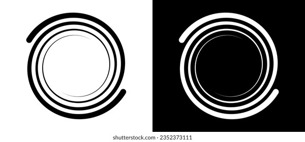 Círculo o espiral con dos líneas. Resumen de fondo o icono de geometría de arte. Forma negra sobre un fondo blanco y la misma forma blanca sobre el lado negro.