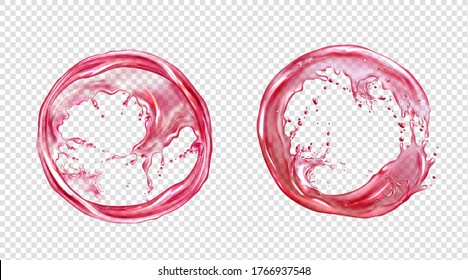 Circle splash of juice or pink water isolated on transparent background. Vector realistic set of liquid round flow of clear red drink, strawberry or berry juice, rose wine