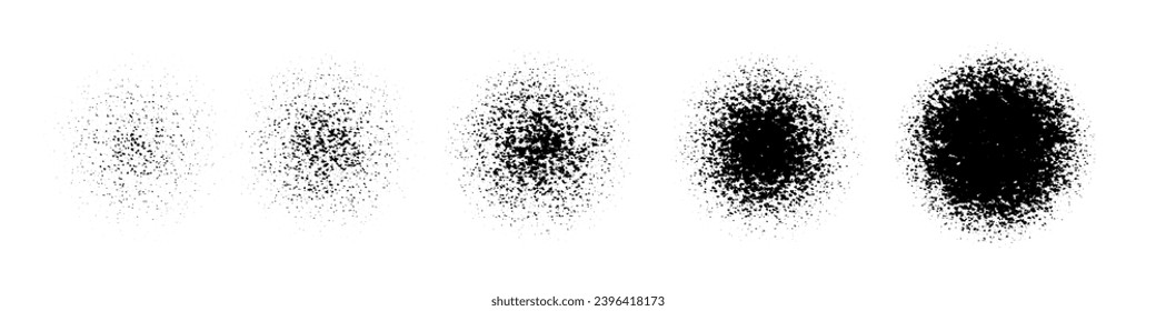 Circle spray gradient pattern. Set of grain dot round frames. Noise texture rings. White black dust or sand circular borders. Sun view. Solar eclipse. Abstract vector illustration. svg