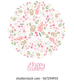 Círculo con flores de primavera, huevos, pollos y conejos. Feliz Pascua. Objetos aislados en fondo blanco