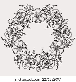 Circle spring and summer doodle ornament. Hand drawn mandala art with flowers and leaves black and white outline.