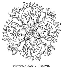 Circle spring and summer doodle ornament. Hand drawn mandala art with flowers and leaves black and white outline.