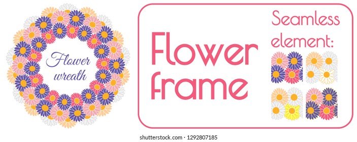 Circle spring wreath of gerberas and daisies PLUS seamless brush element that can be used to create your own wreath design. Vector illustration.