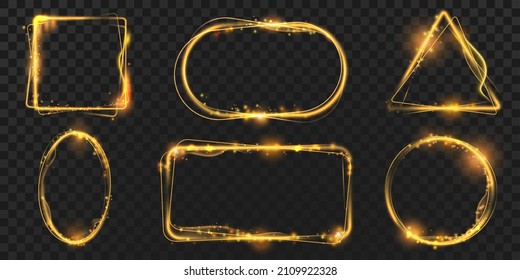 Circle and square frames with golden magic light effects and sparks. Shining rectangle frame with glitter flare. Glowing banners vector set. Festive twinkling boarders isolated on transparent