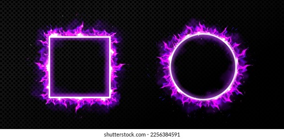 Circle and square frames with purple fire. Fantasy banners with burning borders with violet flame, glow effect, smoke and sparkles isolated on transparent background, vector realistic set