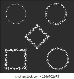 Circle and square frames, wreath, black and white. Design for logo, greetong card, label, text template. Organic, natural, floral, herbal. Set.