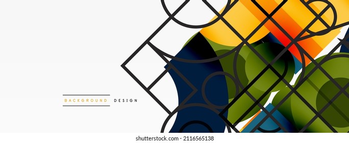 Circle and square geometric background. Round shapes with squares and triangles composition for wallpaper, banner, background or landing
