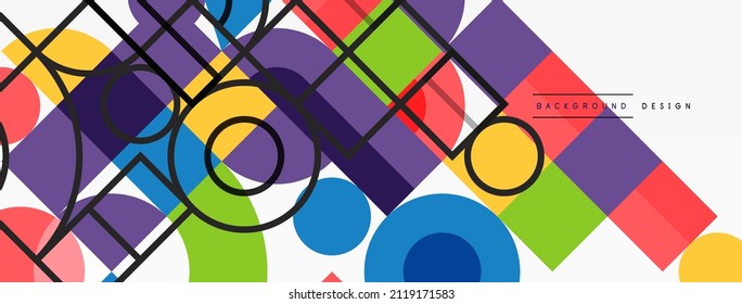 Circle and square geometric background. Round shapes with squares and triangles composition for wallpaper, banner, background or landing