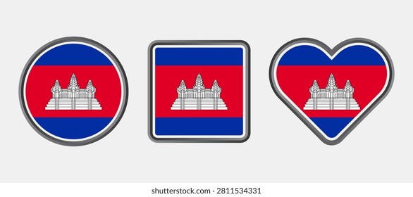 A Circle, Square and Love of Cambodia or Kamboja National Flag Vector Icon with Silver Shiny Border Frame. High Quality Vector Icon Illustration