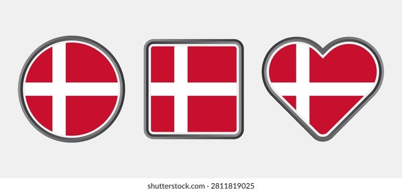 A Circle, Square and Love of Denmark National Flag Vector Icon with Silver Shiny Border Frame. High Quality Vector Icon Illustration