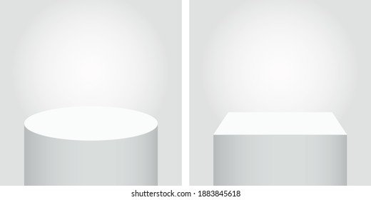 Circle and square podium, pedestal for product. 3d style stand illustration for an exhibition and presentation. Vector showcase