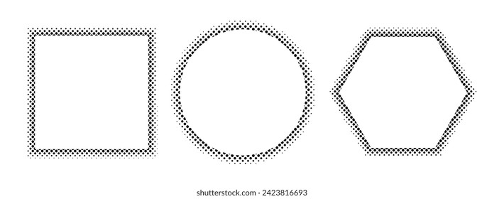 Circle, square and polygon dot frame set. Half tone dots border. Pop art dot gradient frame design. Speech bubble, backdrop. Modern comics book and manga art. Copy space.