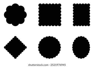 Circle, square, rectangle, rhombus, oval, ellipse with scalloped edge vector icon set. Scallop frame black silhouette. Simple label and sticker form.