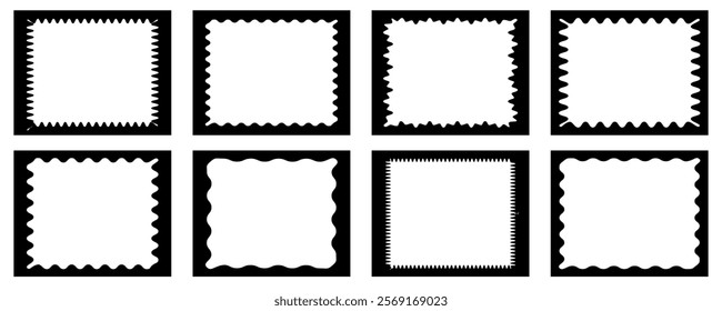 Circle and square scalloped frame set.  Simple label and sticker form. square, oval and rectangle forms with frill lace edges. Vector illustration  isolated on white background.