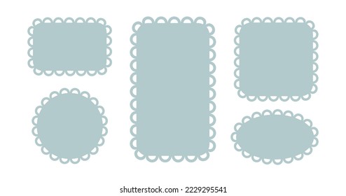 Circle and square scalloped frames. Scalloped edge rectangle and ellipse shapes. Simple label and sticker form. Flower silhouette lace frame. Vector illustration isolated on white background.