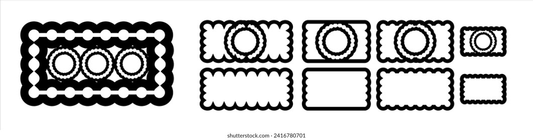 Circle and square scalloped frames. Scalloped edge rectangle and ellipse shapes. Simple label and sticker form. Flower silhouette lace frame. Vector illustration isolated on white background