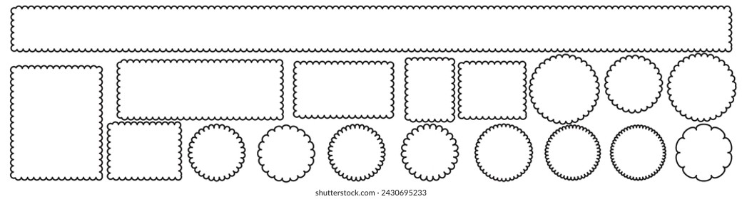 Circle and square scalloped frames. Scalloped edge rectangle and ellipse shapes. Simple label and sticker form. Flower silhouette lace frame. Vector illustration isolated on white background.