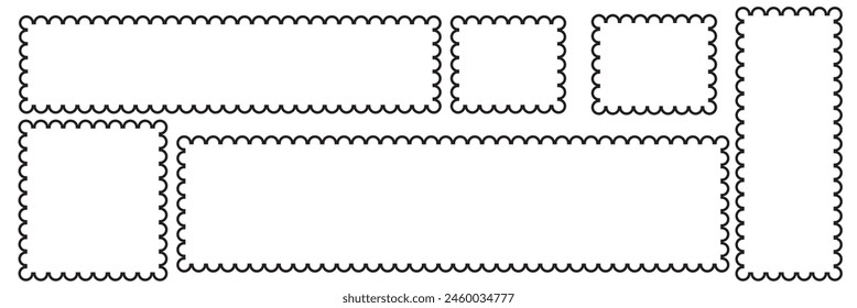 Circle and square scalloped frames. Scalloped edge rectangle and ellipse shapes. Simple label and sticker form. Flower silhouette lace frame. Vector illustration