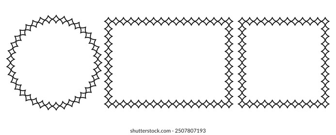 Circle and square scalloped frames. Scalloped edge rectangle and ellipse shapes. Simple label frame. Vector illustration