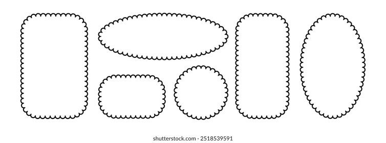 Quadros em círculo e quadrado recortados. Formas de retângulo e elipse de borda recortada. Rótulo simples e forma de adesivo. Quadro de renda de silhueta de flor. Ilustração vetorial isolada sobre fundo branco.