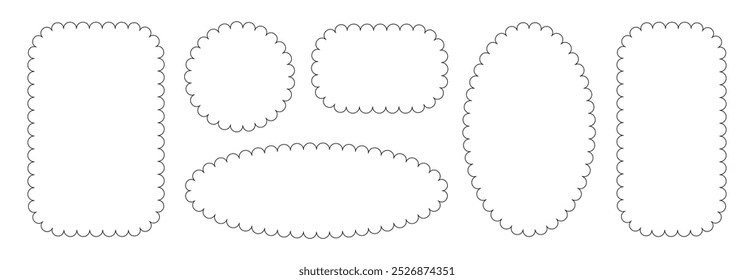 Quadros em círculo e quadrado recortados. Formas de retângulo e elipse de borda recortada. Rótulo simples e forma de adesivo. Quadro de renda de silhueta de flor. Ilustração vetorial isolada sobre fundo branco.