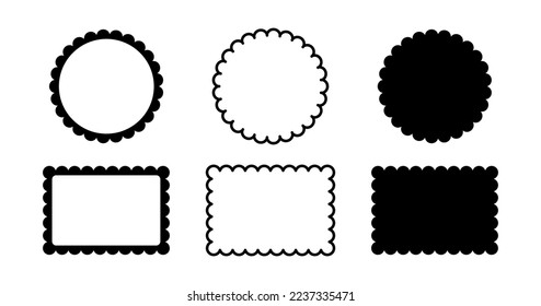 Circle and square scalloped frames set. Scalloped edge rectangle and ellipse shapes. Simple label and sticker form. Flower silhouette lace frame. Vector illustration isolated on white background.