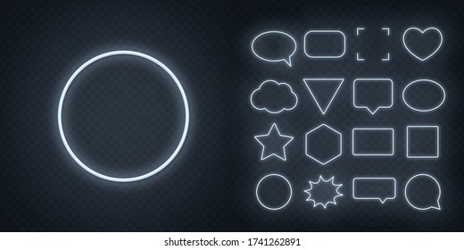 Circle, square, speech bubble, star, triangle, heart, hexagon and other glowing white neon frames on a dark transparent background.