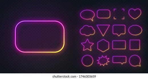 Circle, square, speech bubble, star, triangle, heart, hexagon and other glowing gradient purple yellow neon frames on a dark transparent background.