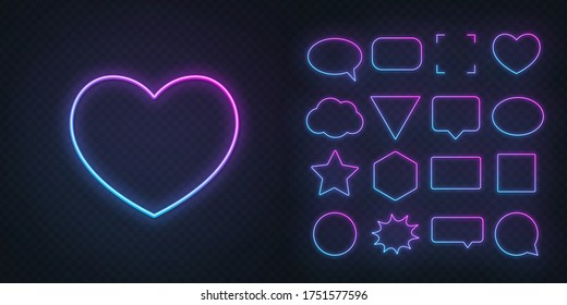 Circle, square, speech bubble, star, triangle, heart, hexagon and other glowing gradient pink blue neon frames on a dark transparent background.