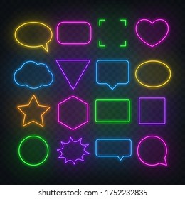 Circle, square, speech bubble, star, triangle, heart, hexagon and other glowing red neon frames on a dark transparent background.