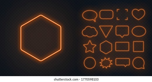 Circle, square, speech bubble, star, triangle, heart, hexagon and other glowing orange neon frames on a dark transparent background.